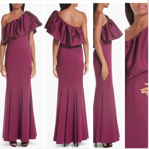 NWT ZAC ZAC Posen Vaille One Shoulder Ruffle Evening Maxi Dress Plum Bridesmaid - Picture 2 of 14